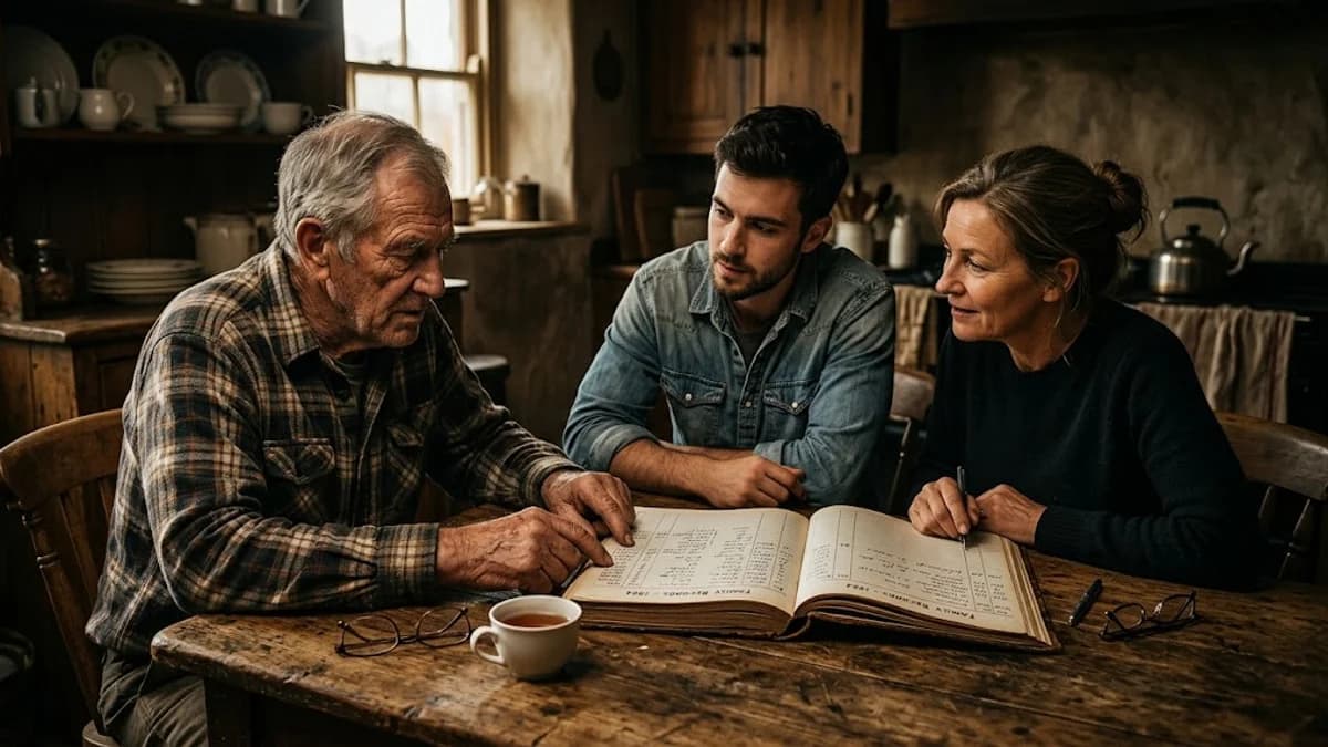 Three generations sitting at a worn kitchen table with a financial ledger book between them, soft warm light, photorealistic
