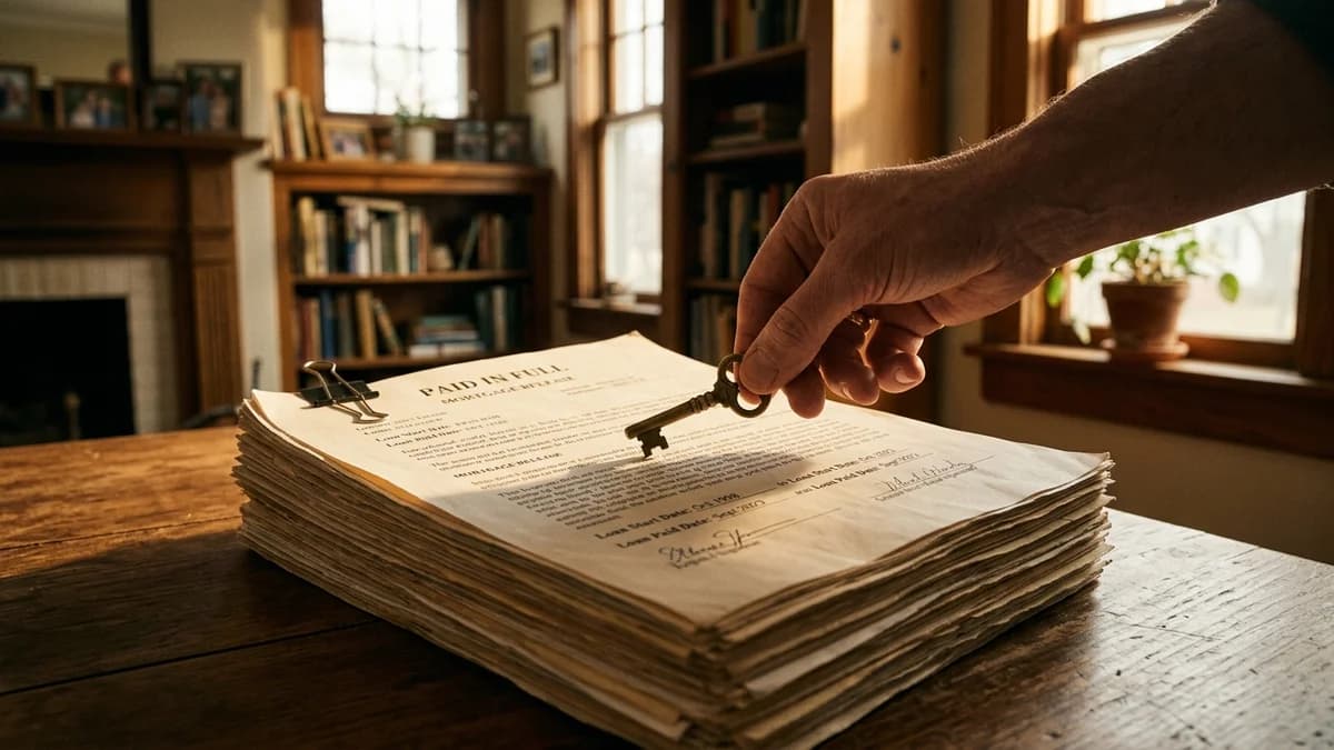 Hand setting a brass key on top of a stack of paid mortgage papers, warm sunrise light through a window, sense of equity built over time