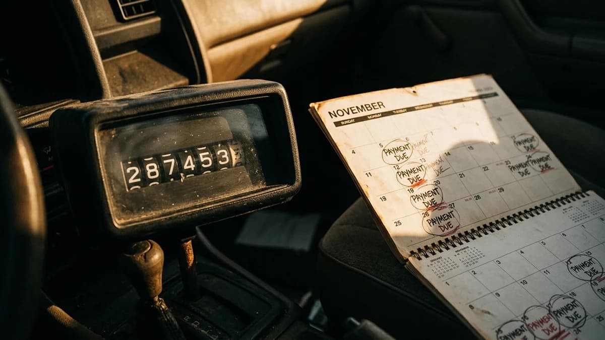 Close up of a high-mileage car odometer next to a calendar marked with payment-due dates, late-day shadow lighting, sense of a loan outlasting the asset