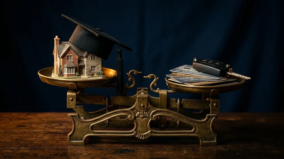 Brass balance scale weighing a small house and graduation cap on one pan against credit cards and a depreciating car key on the other, dramatic side lighting on a deep navy background