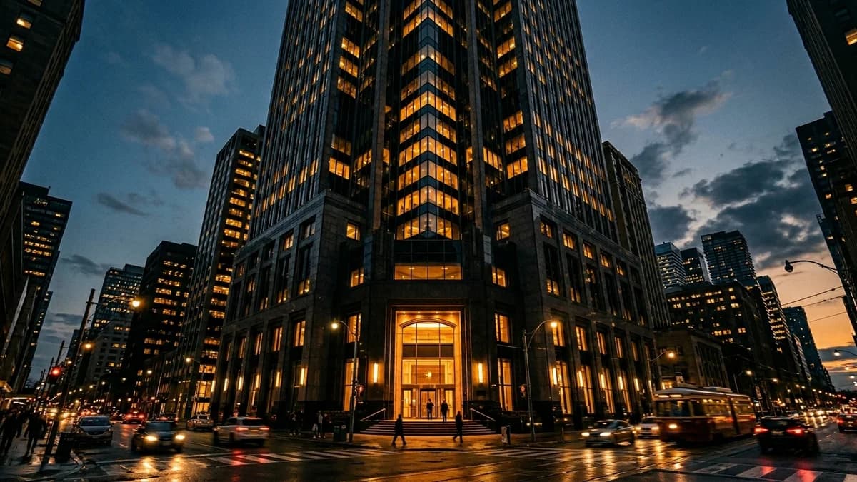 Imposing corporate bank building facade at dusk with lit windows, dramatic cinematic perspective