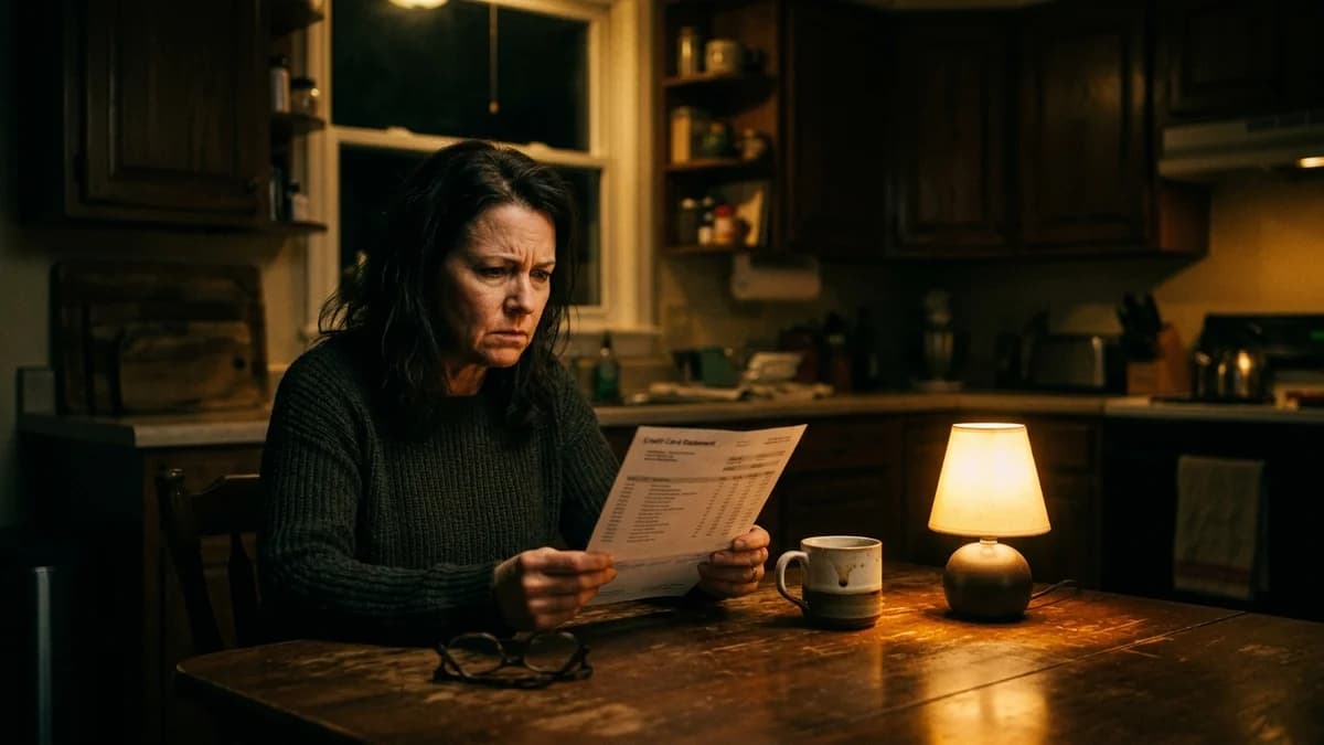 Person reading a credit card statement at a kitchen table with a concerned expression, dim warm light