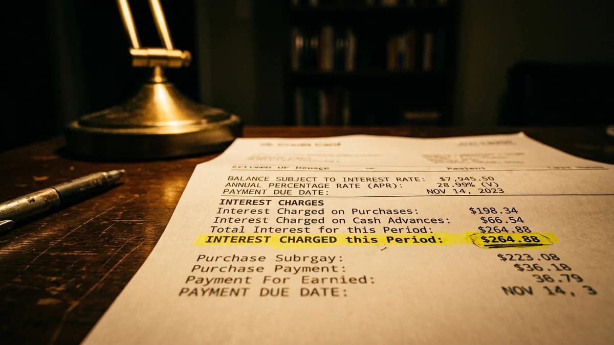 Closeup of a credit card statement with highlighted interest charges, warm desk lamp light, dark moody background