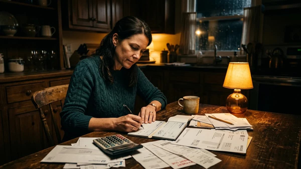 Person at a kitchen table writing a check with a calculator and bills spread out, soft warm interior light
