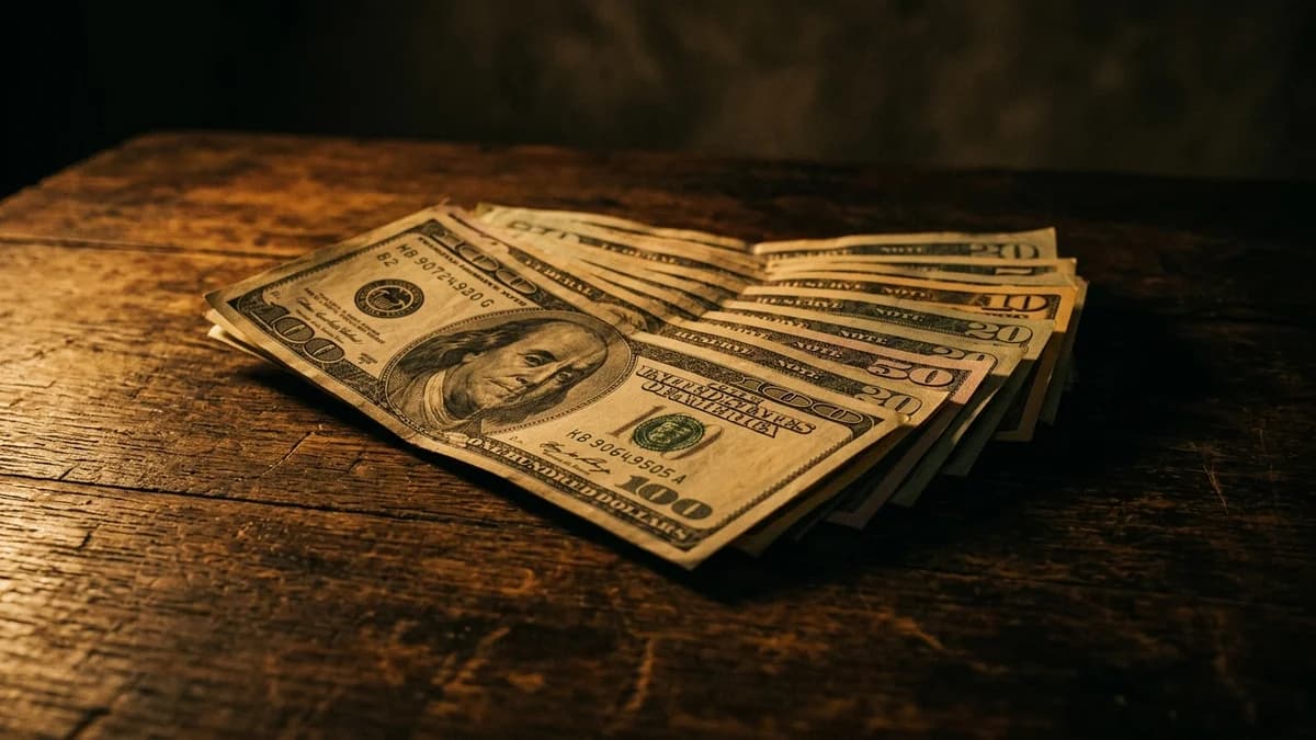 Stack of US dollar bills fanned out on a dark wooden surface, dramatic cinematic side lighting, muted tones