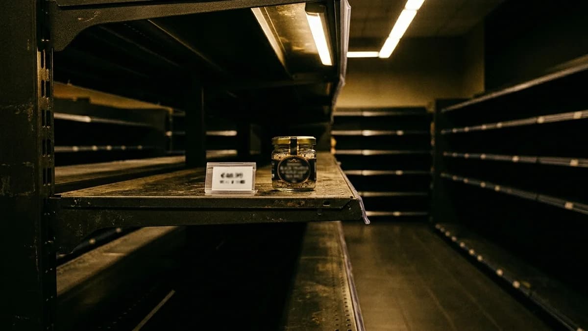 Empty grocery store shelf with a single overpriced item, harsh fluorescent lighting, stark contrast shadows