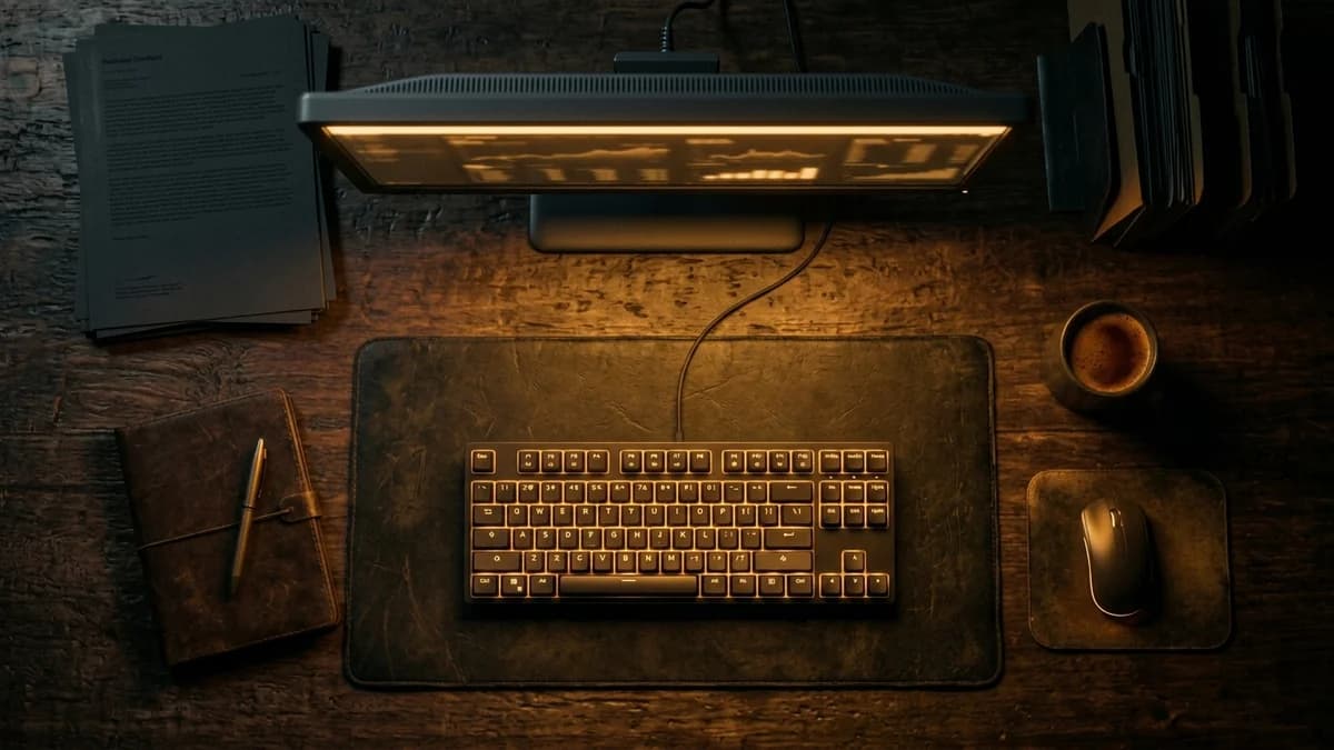 Overhead view of a loan officer's desk in a dim office, a single keyboard and a glowing monitor casting warm amber light, cinematic photorealism, shallow depth of field