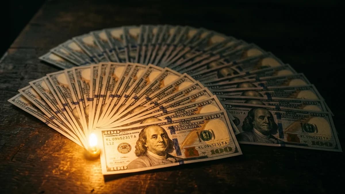 Crisp US hundred-dollar bills fanning outward from a single bright light source on a dark surface, the bills closest to the light sharp and golden while those farther away fall into deep shadow, cinematic photorealism, shallow depth of field