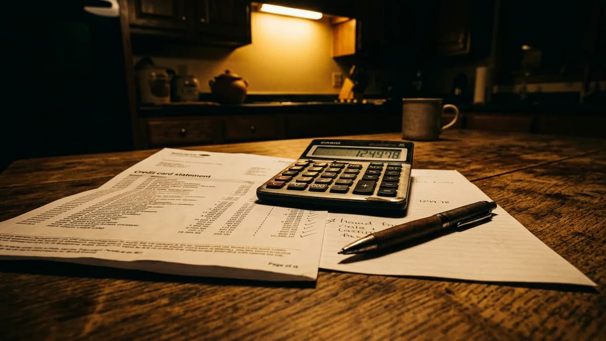 A credit card statement and a calculator side by side on a kitchen table, a pen resting on the page, warm overhead light