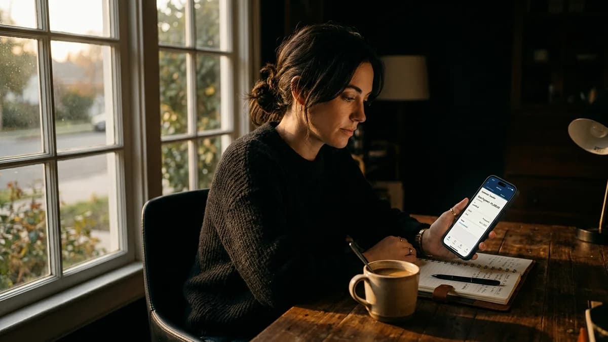 A person reviewing an automatic transfer on a phone banking app at a desk early in the morning, soft daylight through a window