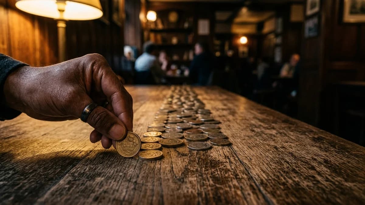 A hand placing a single coin at the start of a long line of coins stretching across a worn wooden table, low warm light, photorealistic