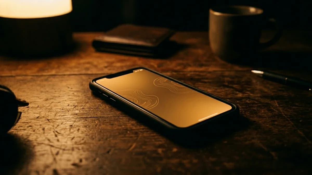 Smartphone screen displaying a payment app interface on a wooden desk, warm amber light, shallow depth of field