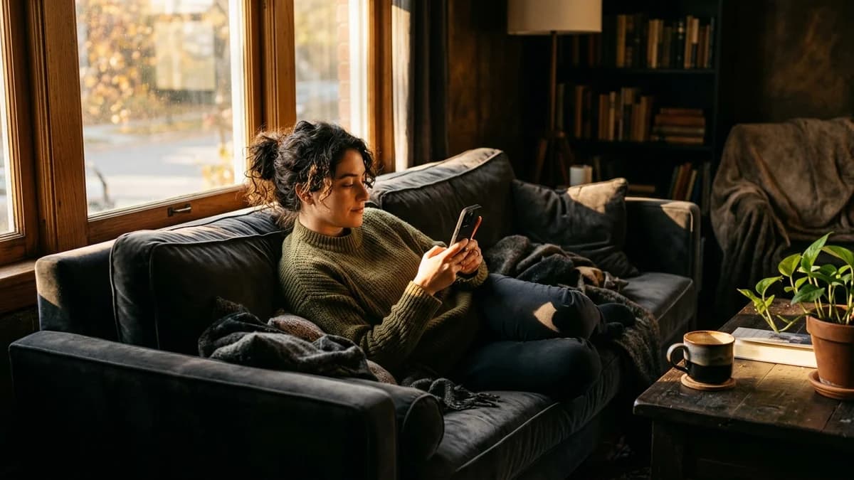 Person relaxing on a couch holding a phone with a coffee cup nearby, golden afternoon light through window