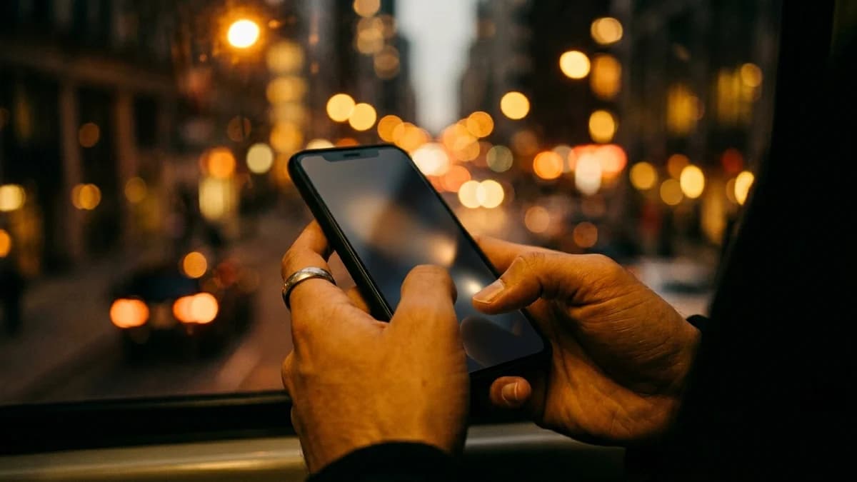 Close-up of hands typing on a smartphone with a blurred city background, warm cinematic amber tones