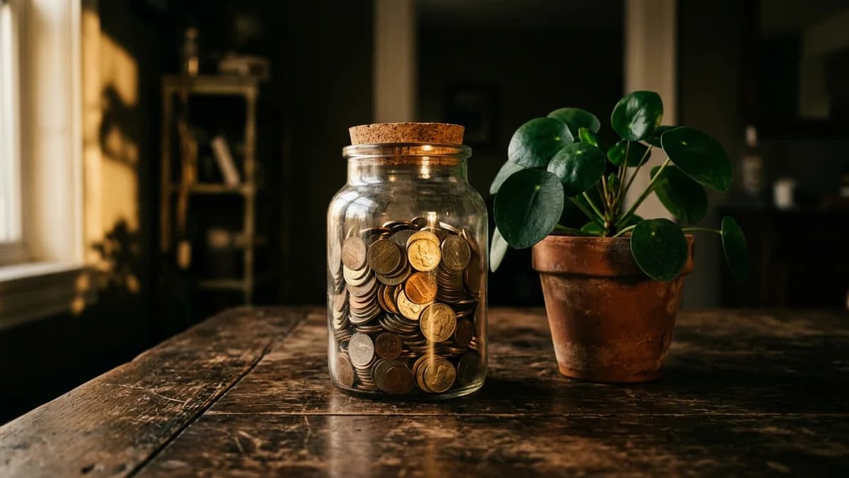 Glass jar filled with coins on a wooden surface with a small green plant, soft golden natural light