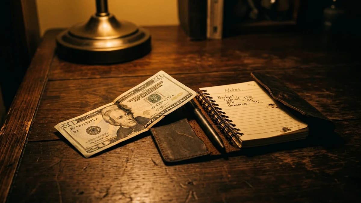 A single twenty dollar bill folded on a wooden desk beside a small notebook, warm focused amber light