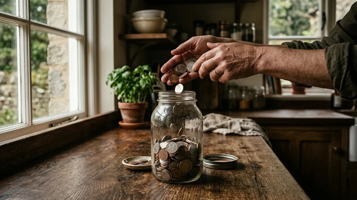 Hands dropping coins into a glass jar on a kitchen counter, soft natural window light, muted earth tones