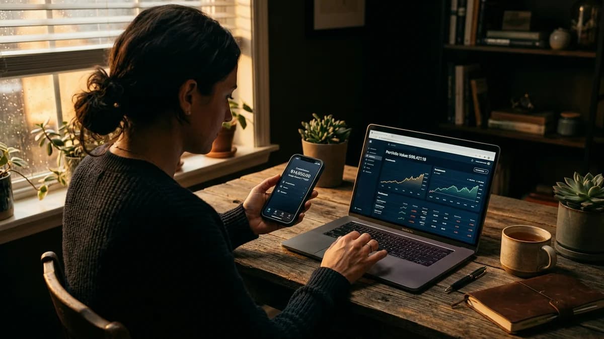 A person holding a phone showing a savings account balance next to a laptop showing an investment app, soft natural window light