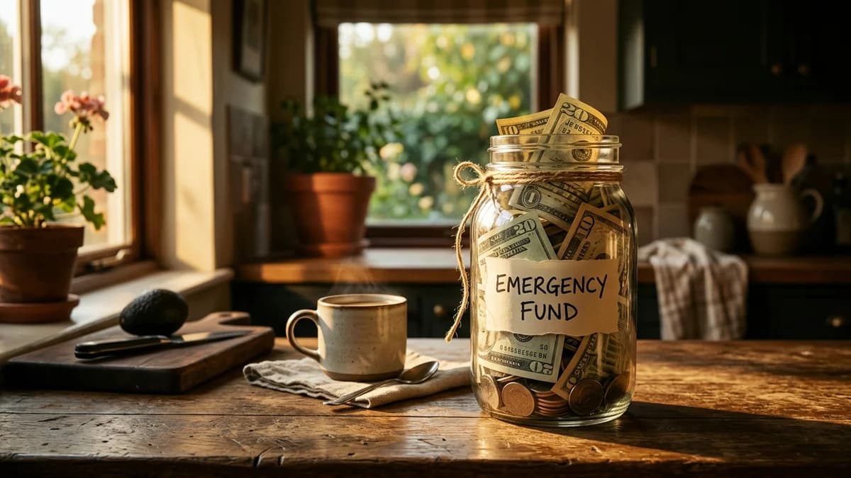 A glass jar of cash labeled emergency fund on a kitchen counter, warm morning light through a window