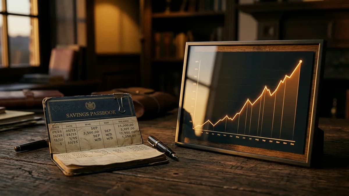 A savings passbook and a rising investment chart side by side on a wooden desk, warm directional light