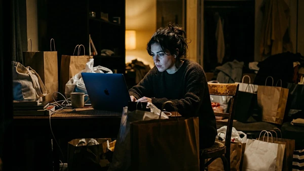 Person staring at a glowing laptop screen in a dark room surrounded by shopping bags, cool blue light