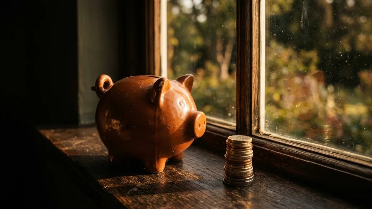 Piggy bank on a sunlit windowsill with a stack of coins beside it, warm golden morning light, bokeh background