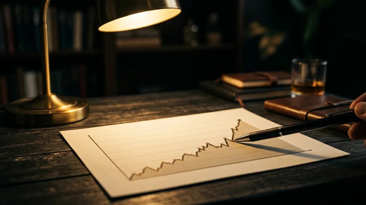 Line graph printed on paper on a desk with a pen pointing to an upward trend, warm focused desk lamp light