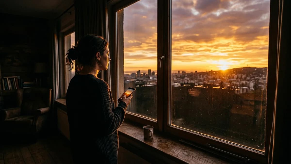 Person looking out a window at a sunrise with a phone in hand, warm golden cinematic morning light