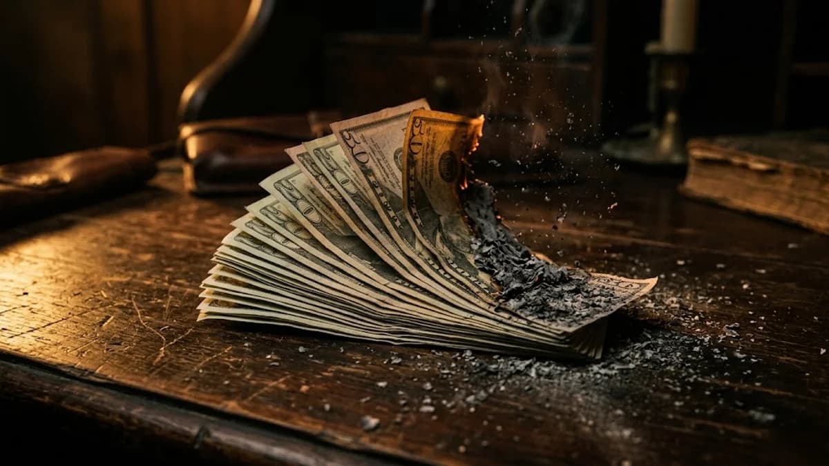 Stack of fanned U.S. paper dollar bills on a dark wooden desk, the top bills slowly disintegrating into fine ash, dramatic side lighting, muted earth tones, cinematic photorealism