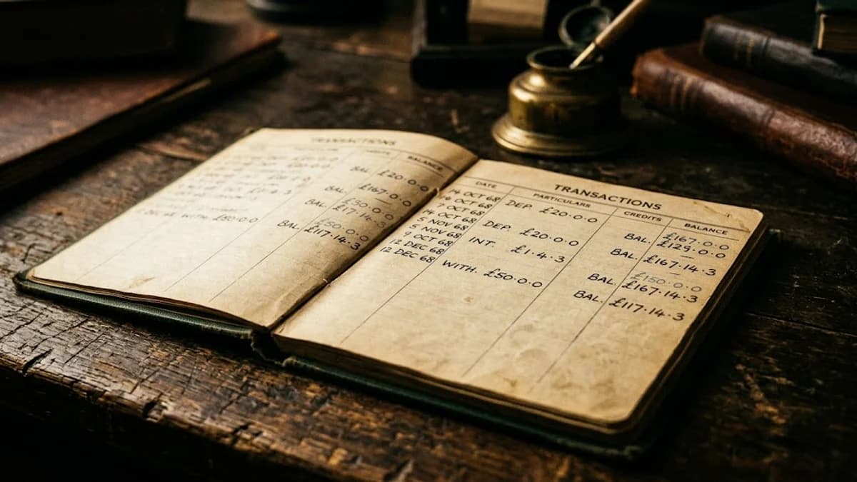 Vintage savings passbook open on a worn wooden desk under harsh fluorescent overhead light, handwritten balance entries fading on the page, shallow depth of field, cinematic