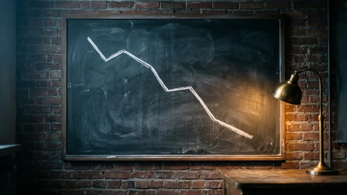 Vintage classroom chalkboard with a hand-drawn line chart in white chalk showing a steep declining curve from upper-left to lower-right, suggesting a dramatic decline over time. The chalkboard is mounted on a worn brick wall, lit by a single warm desk lamp from the side. Cool blue-gray tones dominate with a small pool of warm amber light from the lamp. Photorealistic, cinematic composition, shallow depth of field, no text or numbers visible on the chart