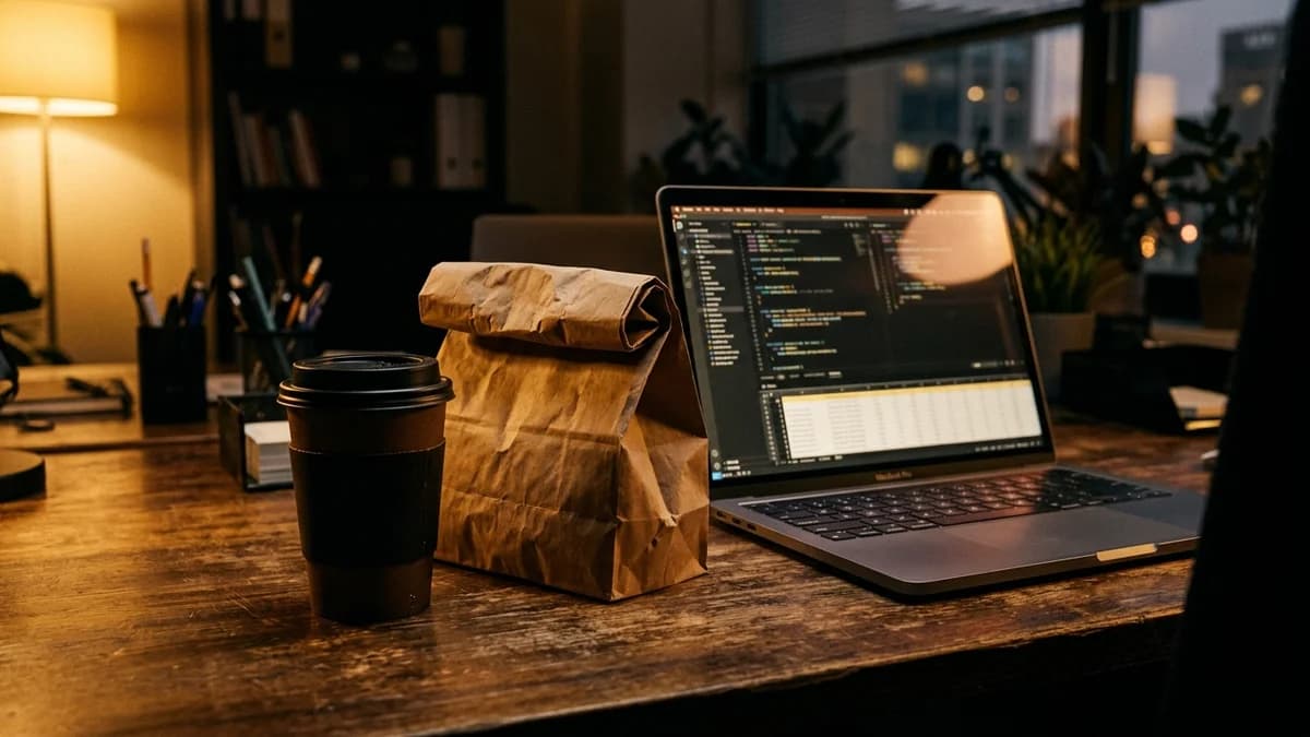 Takeout coffee cup and paper lunch bag on an office desk beside a laptop, warm indoor ambient light