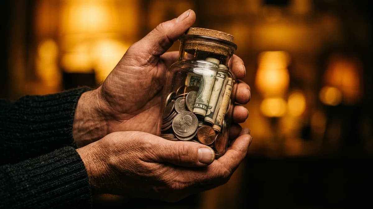 Hands holding a small glass jar with coins and rolled dollar bills, soft golden bokeh background