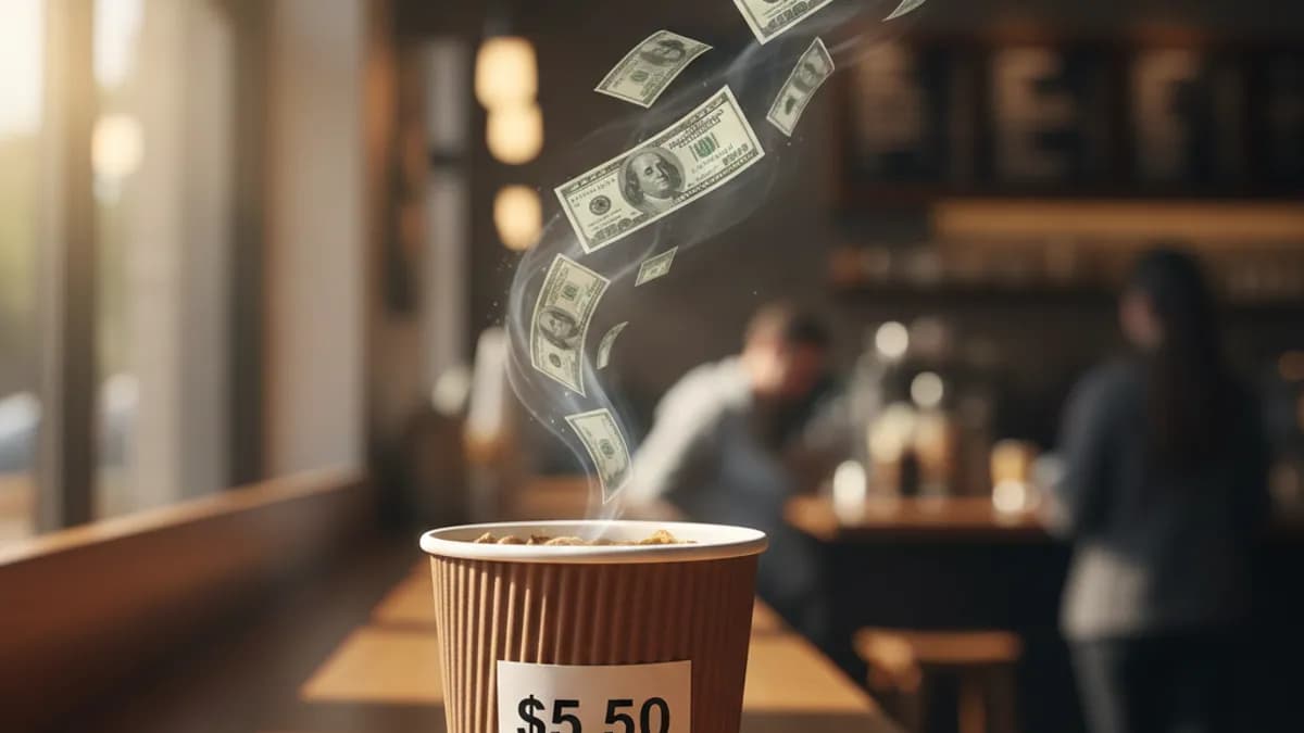 A $5.50 takeout coffee cup on a cafe counter with dollar bills floating upward like steam in a blurred coffee shop