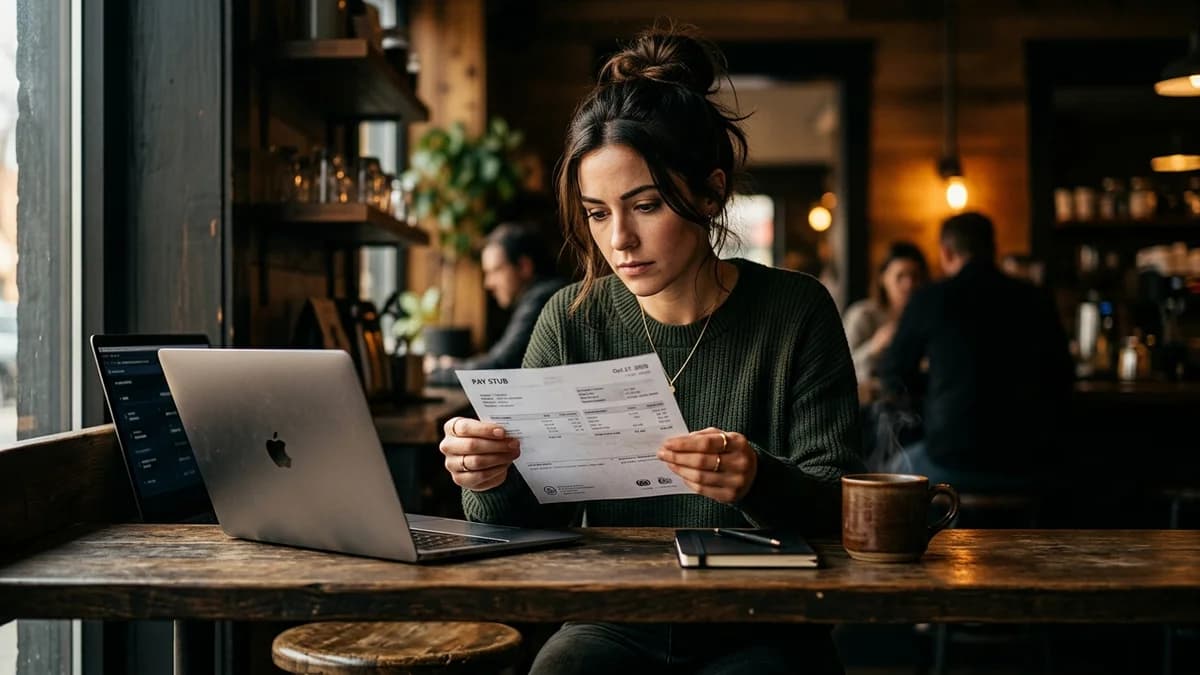 Person in their late 20s sitting at a wooden counter reviewing a paystub beside an open laptop and coffee mug, soft morning light, thoughtful expression