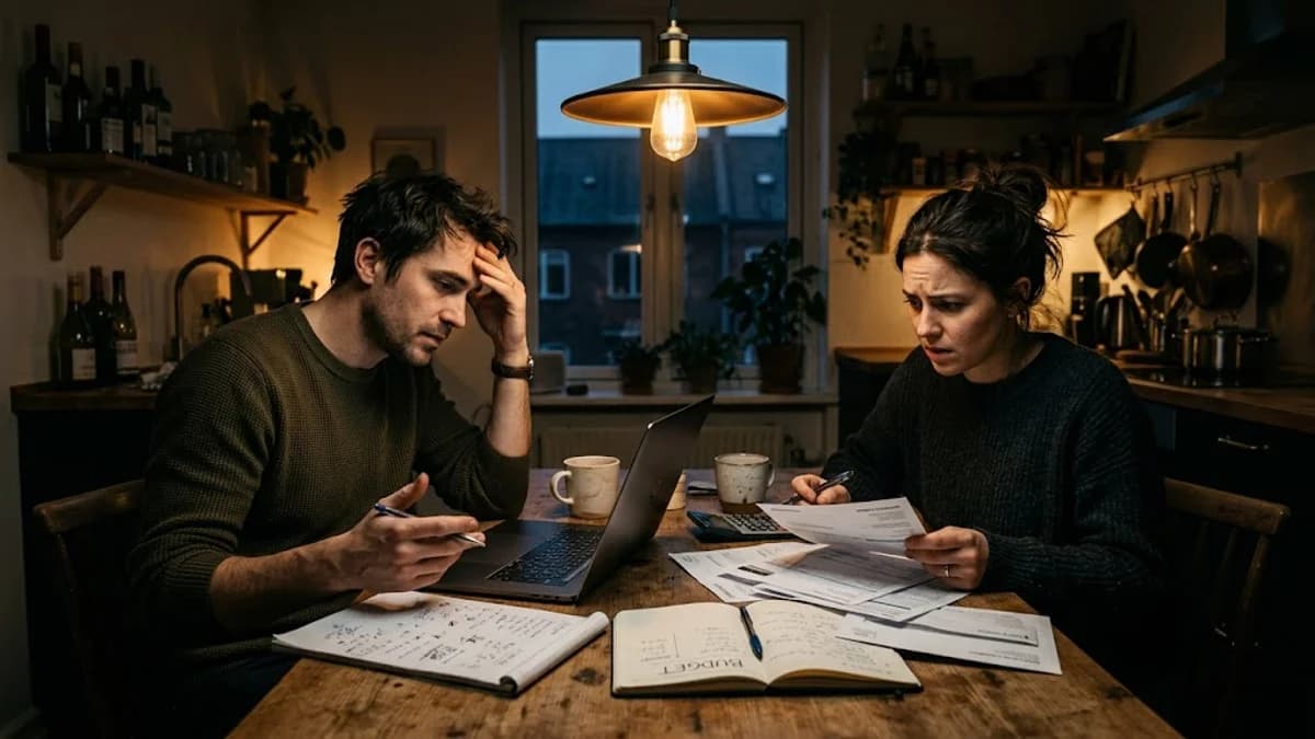 Couple in their early 30s sitting at a kitchen table with a laptop, credit card statements, and a notepad, evening light, quiet tension