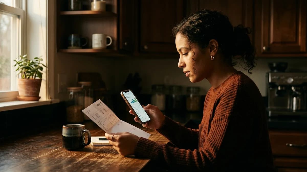 Close-up of a young professional in a quiet kitchen holding a paystub while looking at a phone banking app, warm morning light, cinematic photorealism
