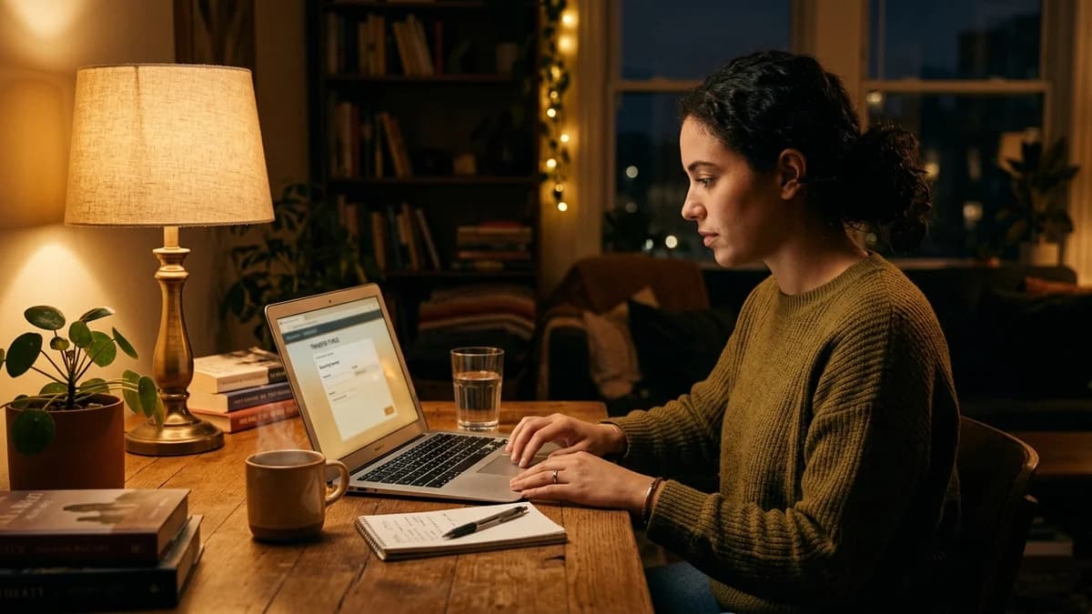 Person setting up an automatic bank transfer on a laptop at home, warm amber evening interior light