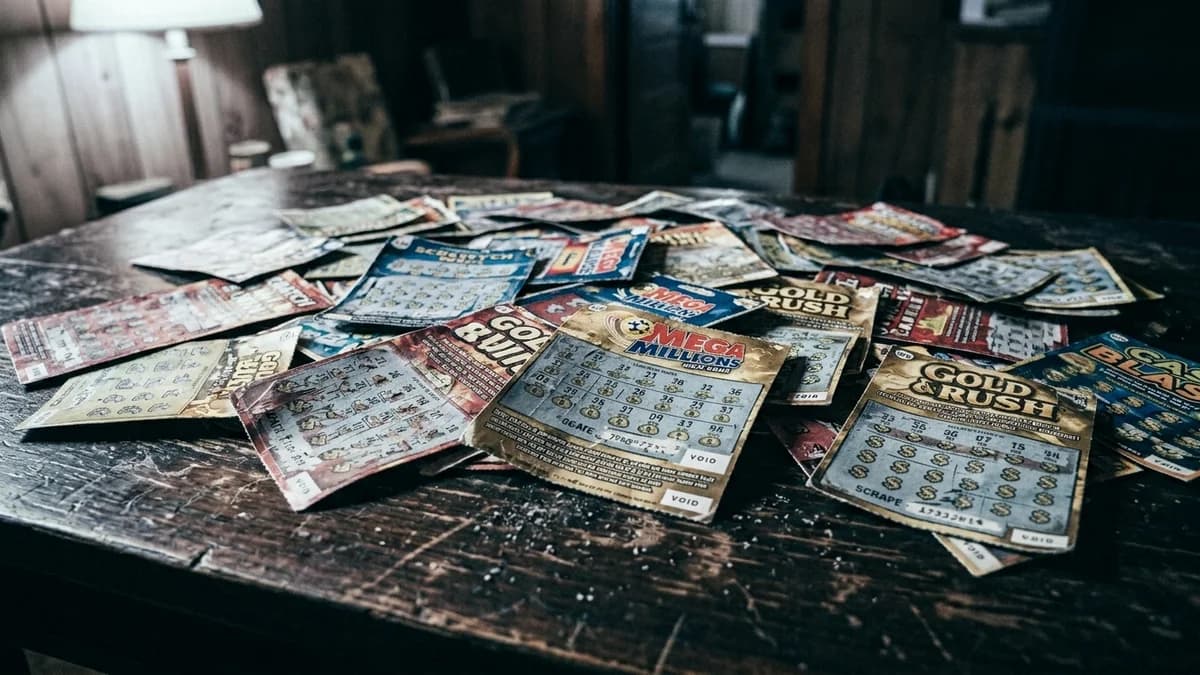 Pile of used lottery scratch tickets scattered on a dark table, cool dim light, muted desaturated tones