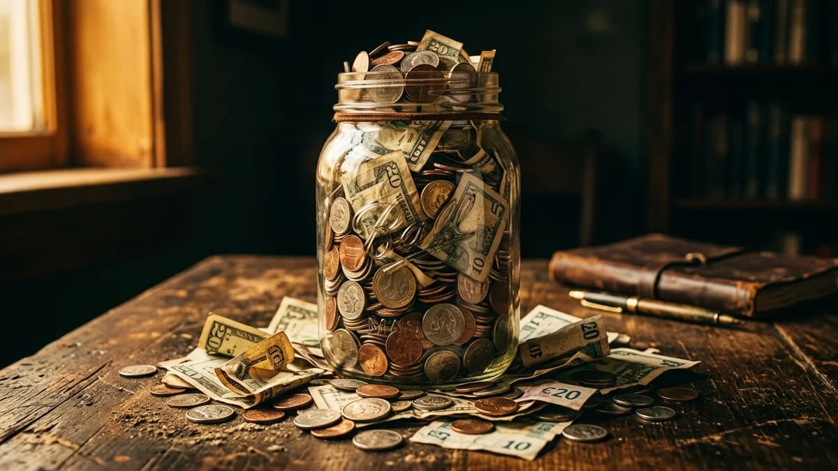 Glass jar overflowing with coins and folded bills on a wooden surface, warm cinematic golden light
