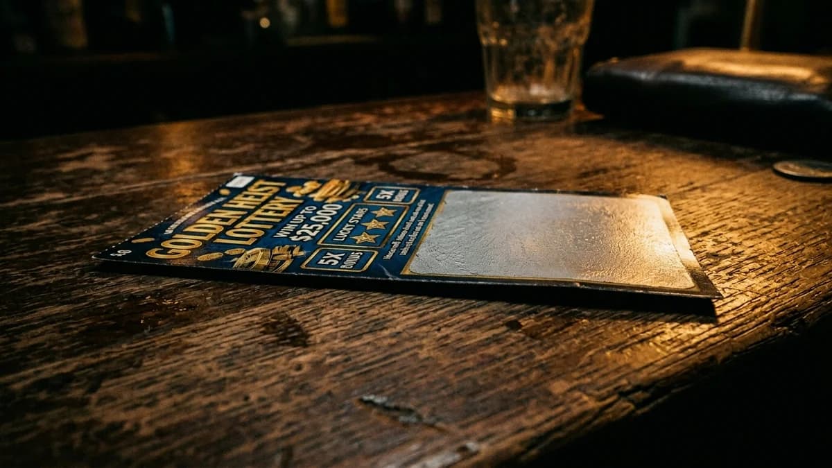 Lottery ticket with unscratched silver coating on a worn wooden surface, dramatic low-angle side lighting