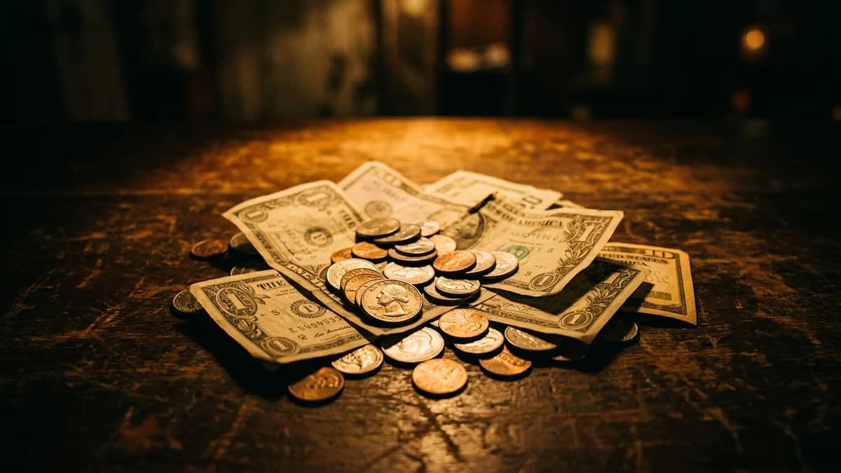 Coins and dollar bills arranged in a small growing pile on a dark surface, warm amber focused light