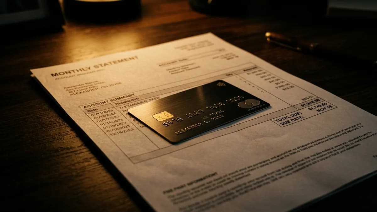 Credit card placed on top of a billing statement on a dark desk, dramatic warm side lighting, cinematic shadows