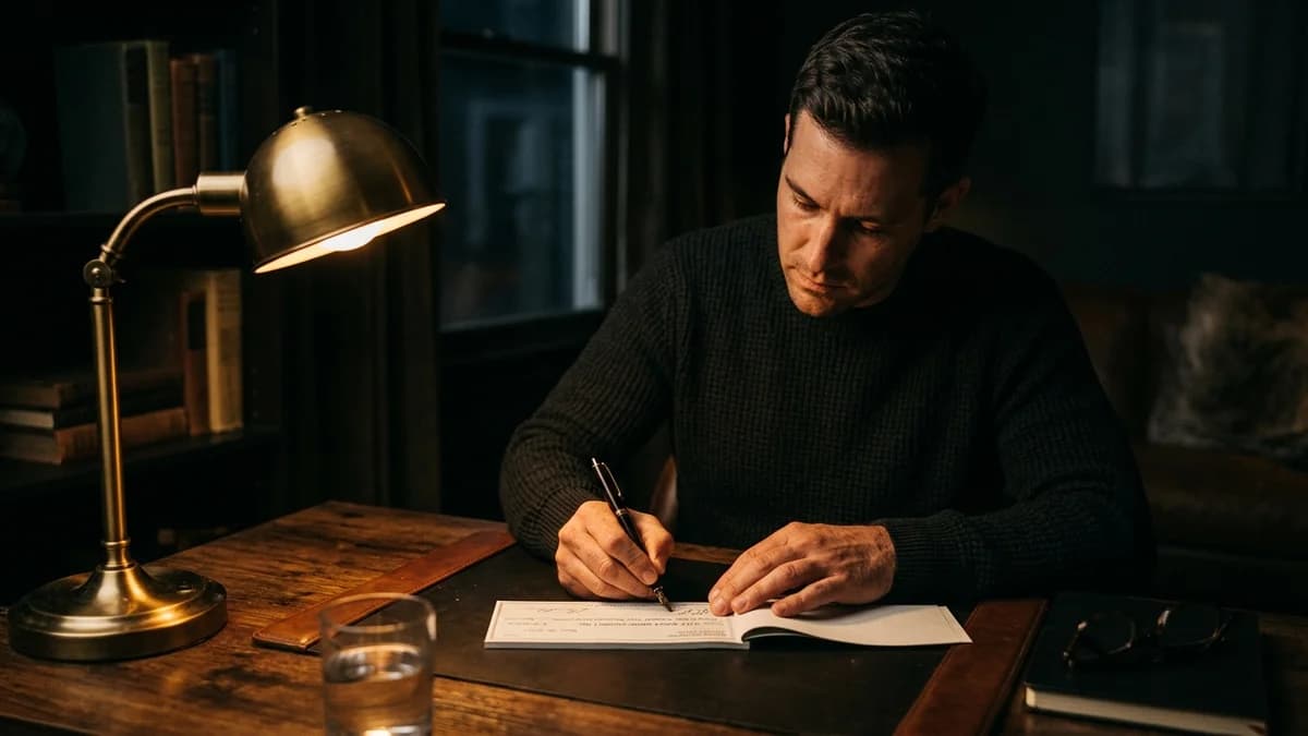 Person writing a larger check amount at a desk, focused warm lamp light, clean minimal background