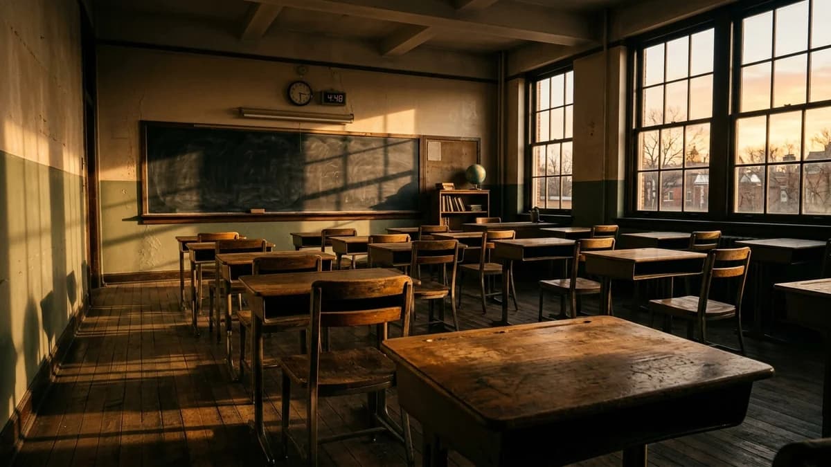 Empty school classroom with afternoon light casting long shadows through windows, muted warm tones