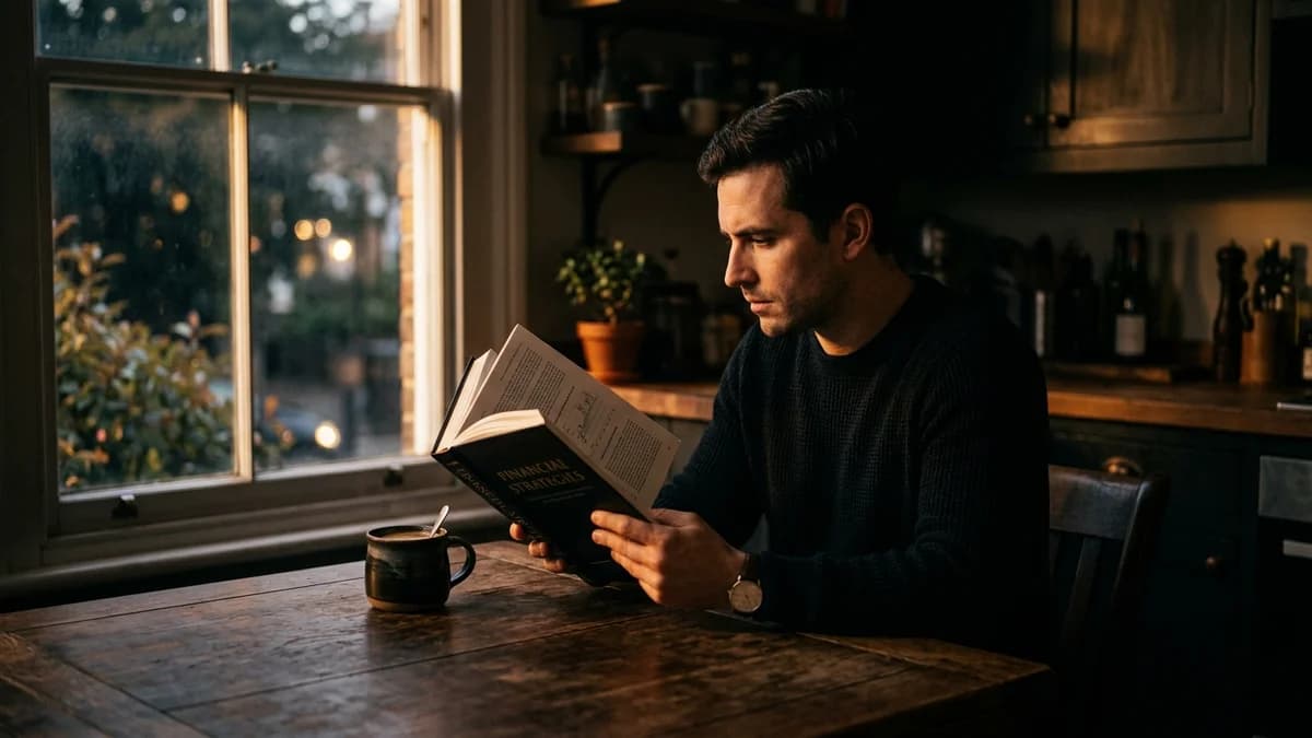 Person reading a financial book at a kitchen table with a cup of coffee, soft warm natural window light