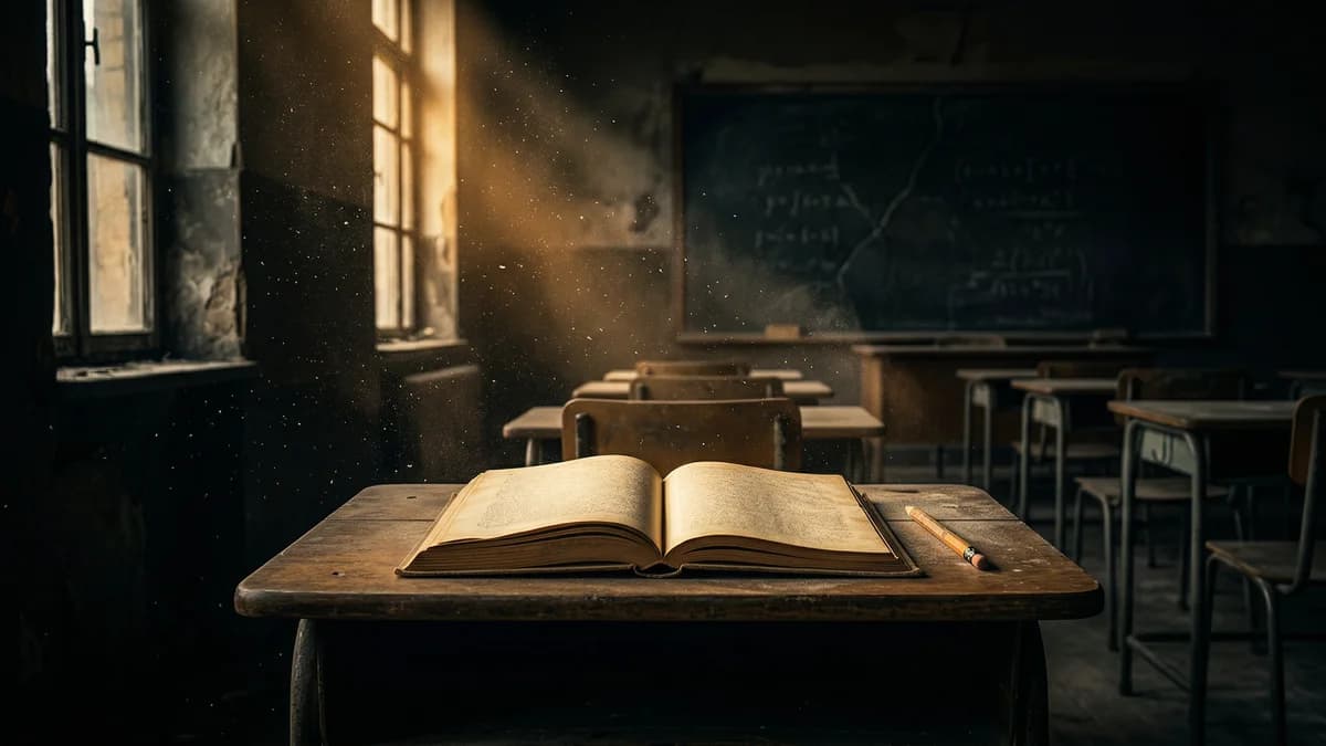 Empty classroom with wooden desks and a green chalkboard