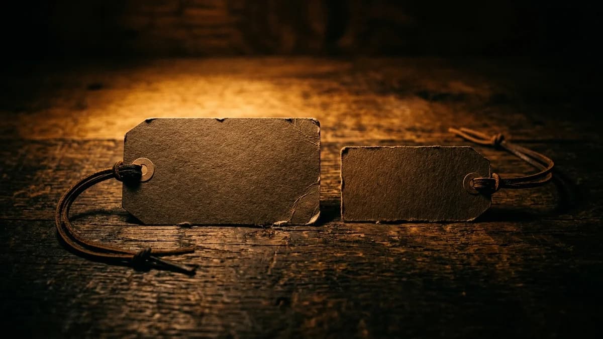 Two price tags side by side on a dark surface, one larger than the other, dramatic spotlight lighting