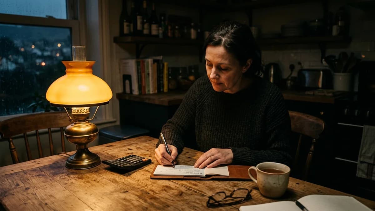 Person writing a check at a kitchen table with a calculator, warm amber lamp light, evening interior