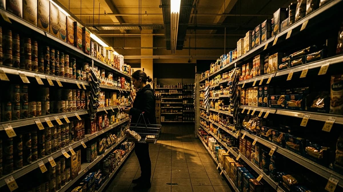 Grocery store aisle with price tags on shelves, harsh fluorescent overhead light, muted desaturated colors